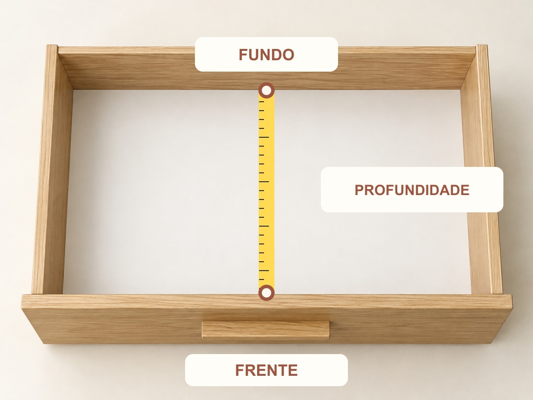 Profundidade: fita posicionada da frente interna da gaveta até a parede do fundo. A imagem identifica a frente e o fundo.